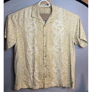 TOMMY BAHAMA Mens Hawaiian Shirt Yellow Gold Tan Silk Size XL Palms Embroidered
